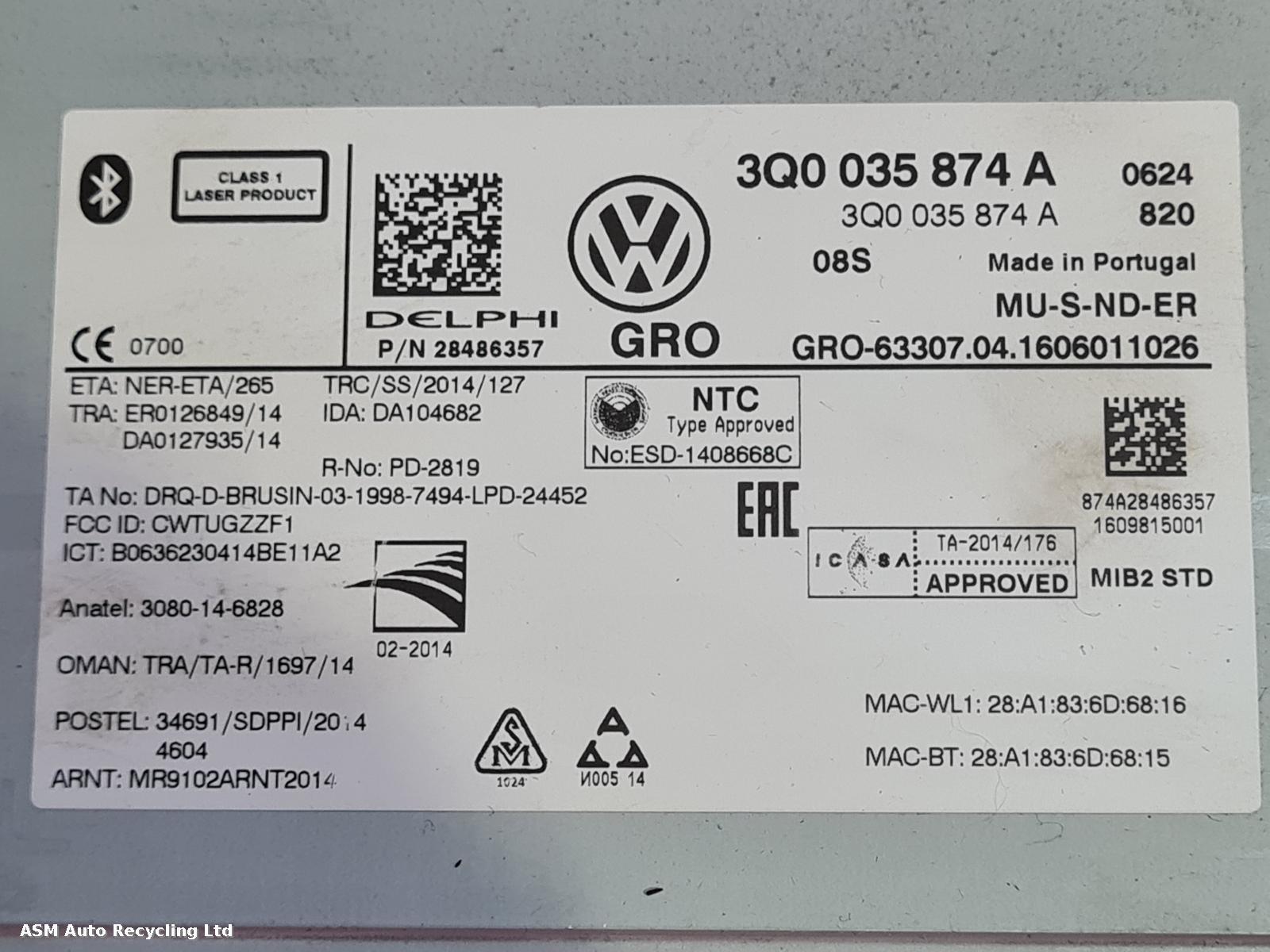 View Auto part A/V Equipment Volkswagen Golf 2016